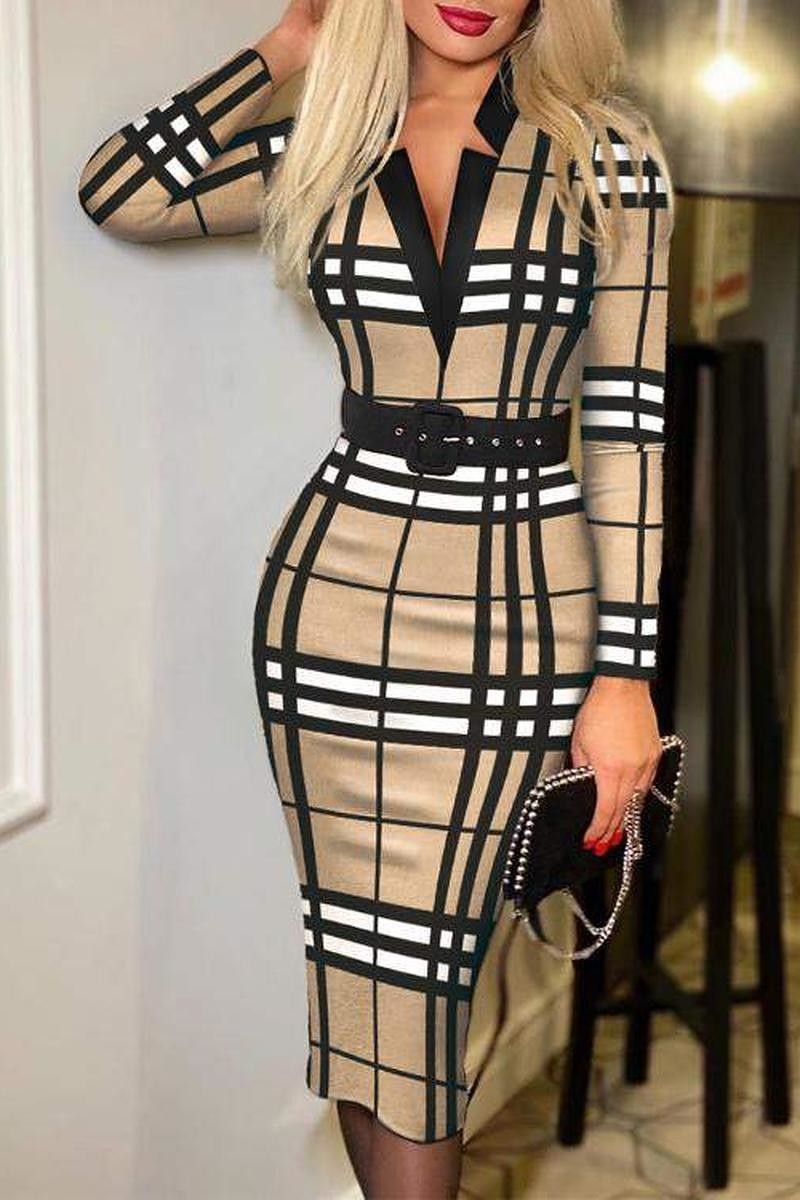 Plaid Print Long Sleeve Belted Work Dress